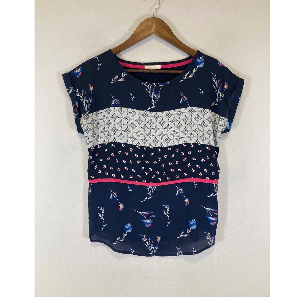 Boho Mixed Print Maurices Womens Small Navy Floral Lace Geometric Cap Sleeve Top